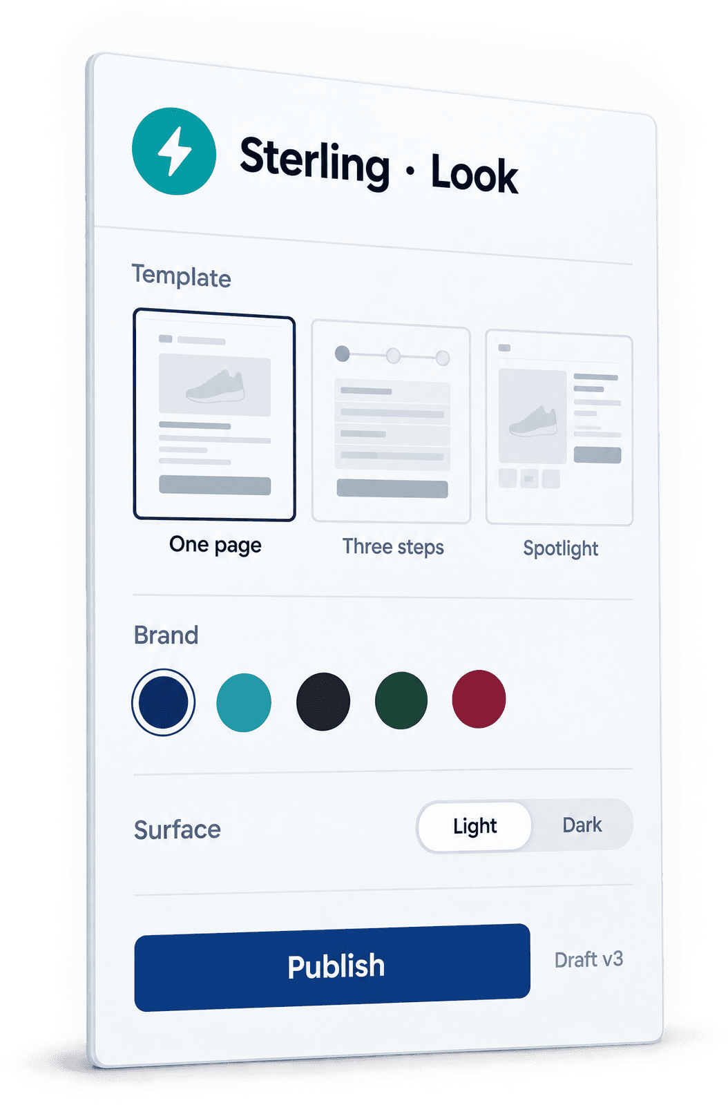 Example Sterling Look screen: the One page template selected, a navy brand colour, light surface, and a Publish button