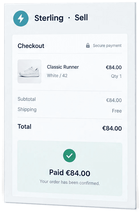 Sterling, example checkout: an €84.00 order paid and confirmed